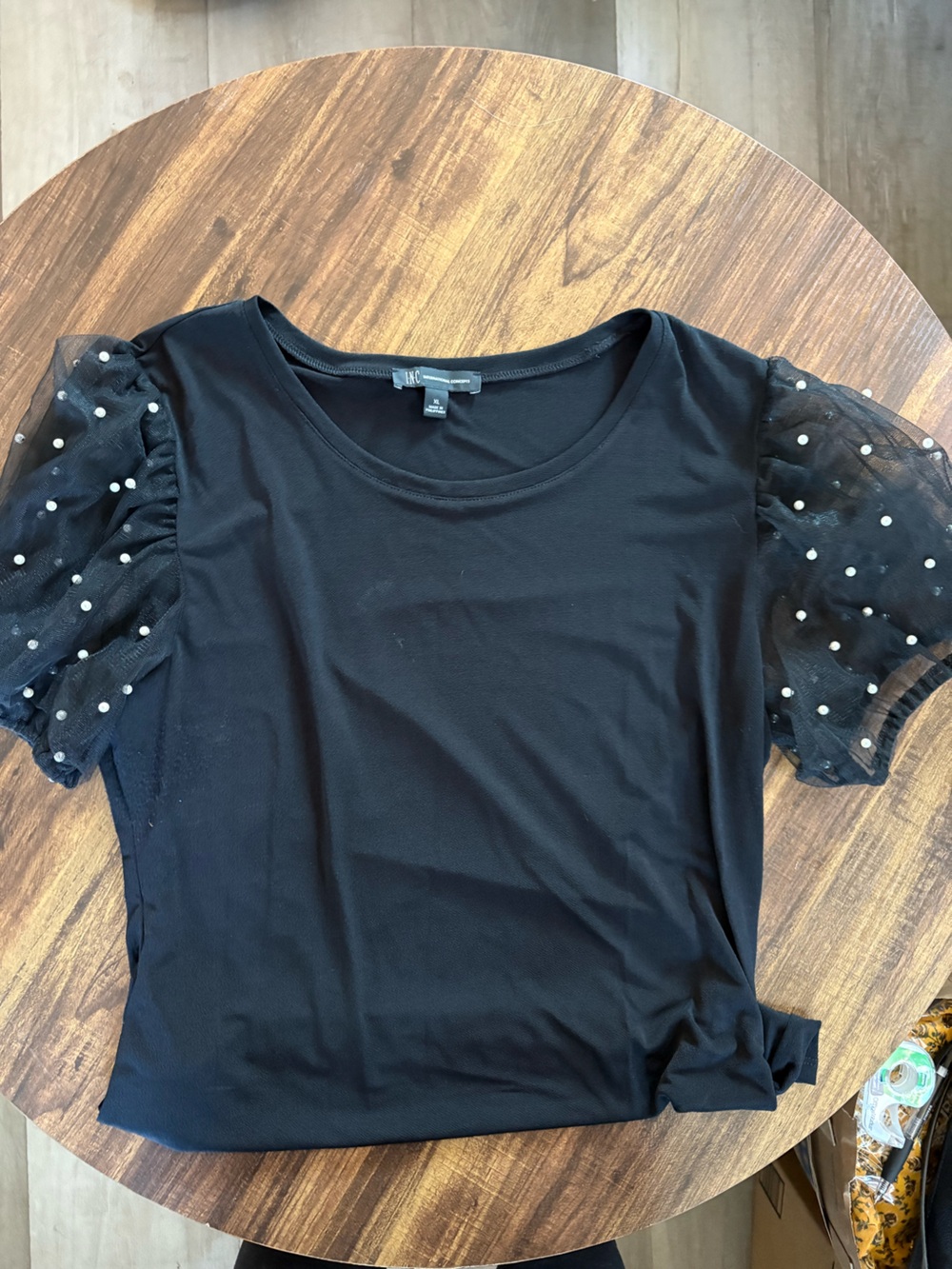 INC International Concepts Black Puff Sleeve Tee with Pearl Dots